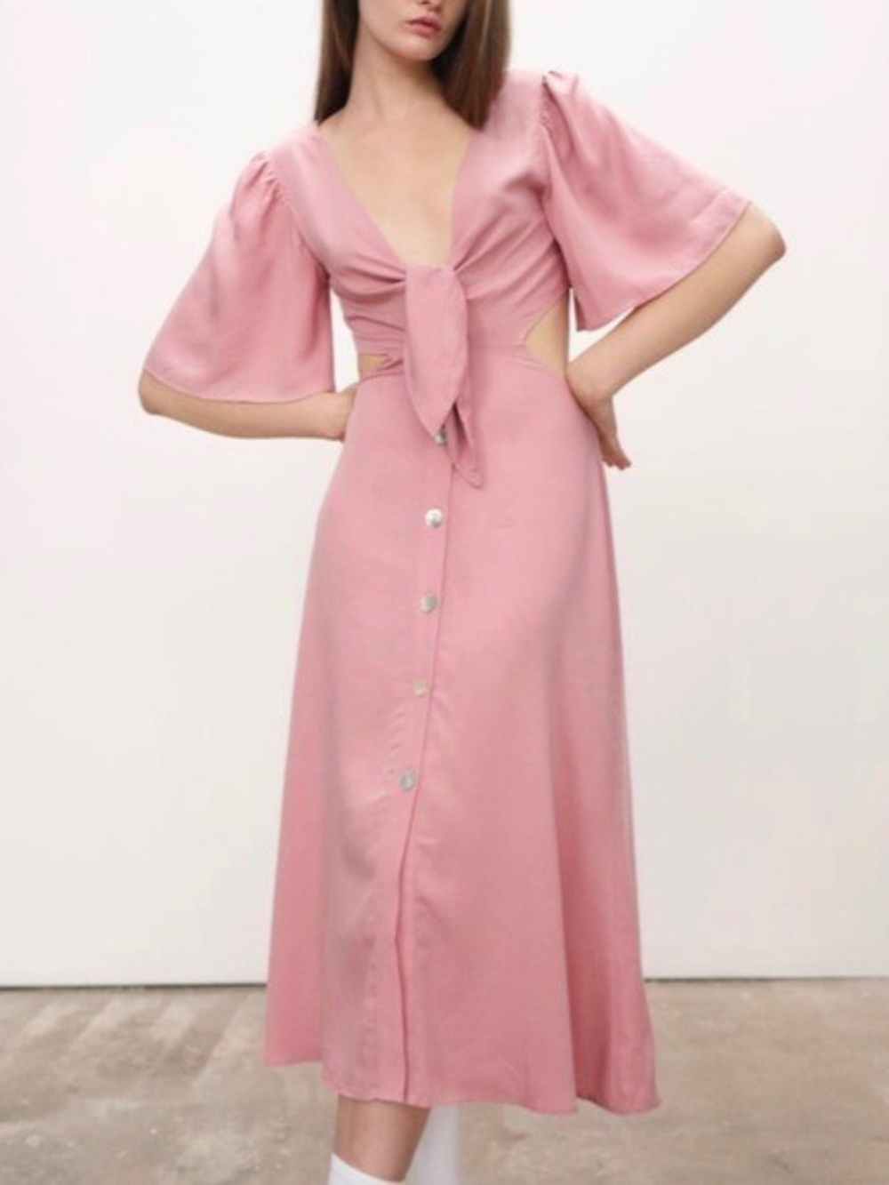 Zara Women's Pink V-neck Tie Front Short Sleeve Cut-Out Midi Dress Size S